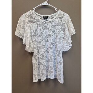 Shannon Ford New York L Women's White Floral Lace Flutter Sleeve Sheer Blouse